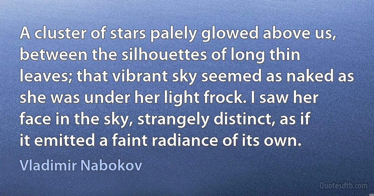 A cluster of stars palely glowed above us, between the silhouettes of long thin leaves; that vibrant sky seemed as naked as she was under her light frock. I saw her face in the sky, strangely distinct, as if it emitted a faint radiance of its own. (Vladimir Nabokov)