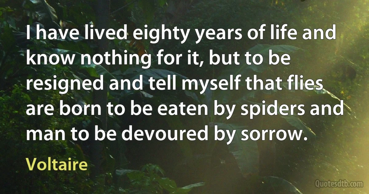 I have lived eighty years of life and know nothing for it, but to be resigned and tell myself that flies are born to be eaten by spiders and man to be devoured by sorrow. (Voltaire)