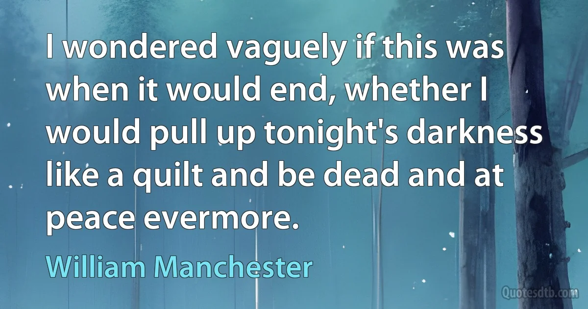 I wondered vaguely if this was when it would end, whether I would pull up tonight's darkness like a quilt and be dead and at peace evermore. (William Manchester)