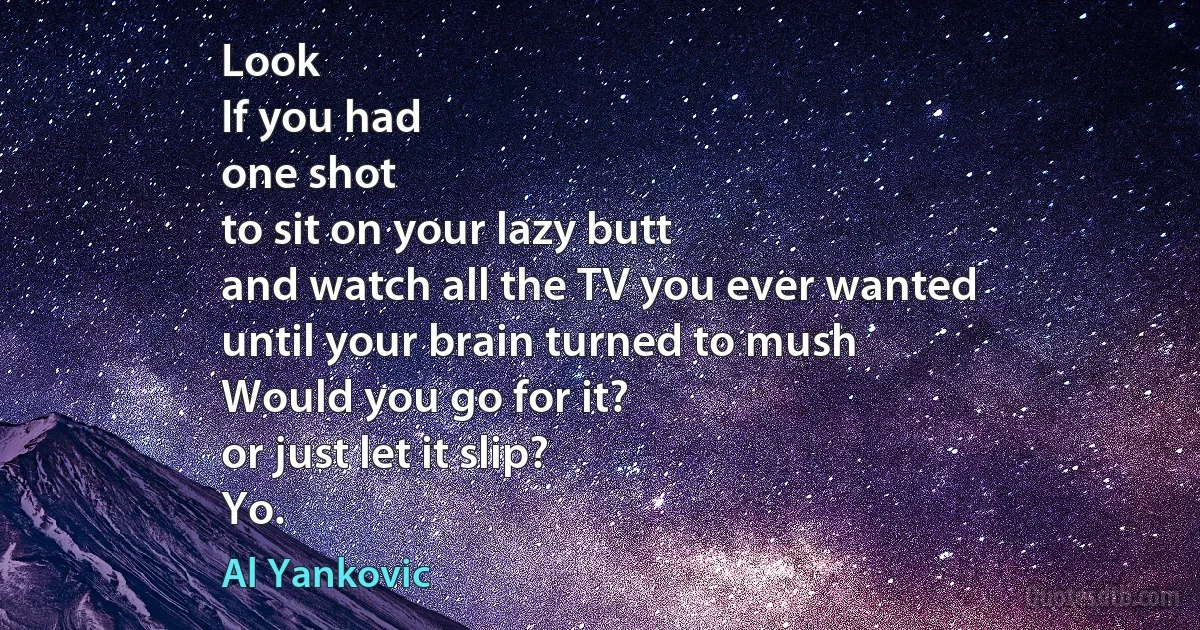 Look
If you had
one shot
to sit on your lazy butt
and watch all the TV you ever wanted
until your brain turned to mush
Would you go for it?
or just let it slip?
Yo. (Al Yankovic)