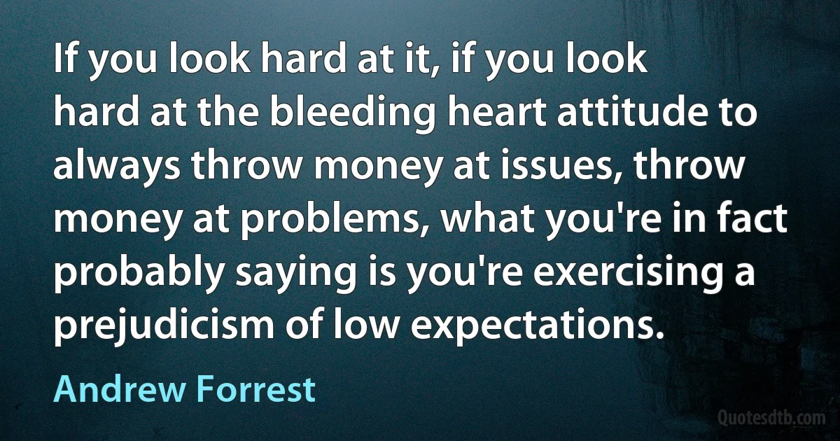 If you look hard at it, if you look hard at the bleeding heart attitude to always throw money at issues, throw money at problems, what you're in fact probably saying is you're exercising a prejudicism of low expectations. (Andrew Forrest)