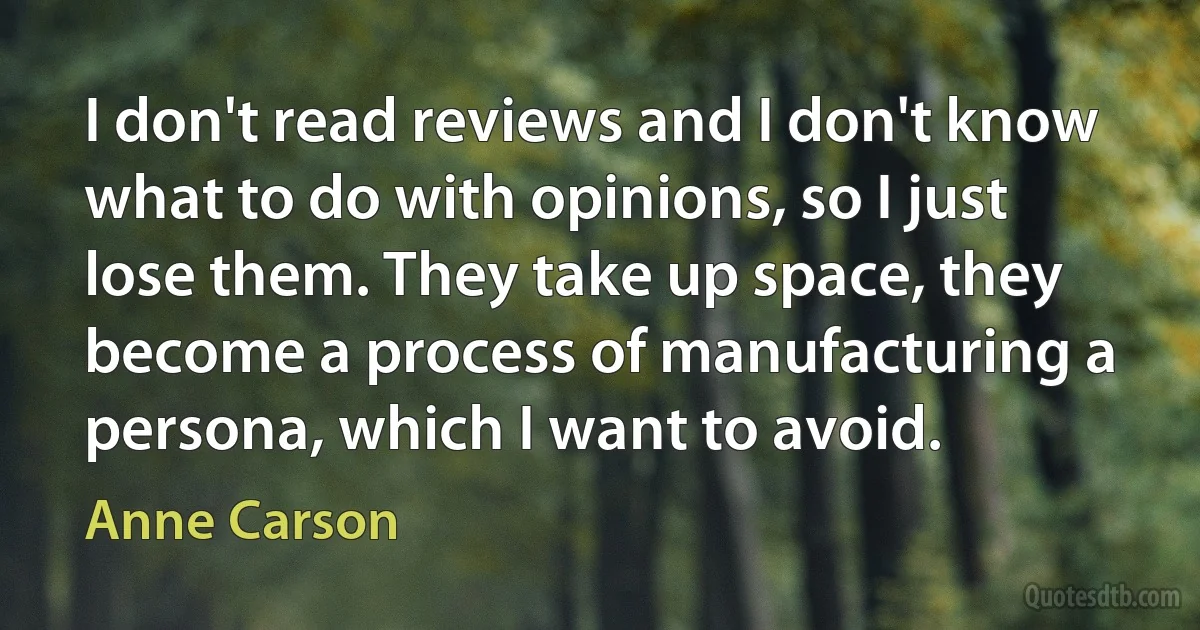 I don't read reviews and I don't know what to do with opinions, so I just lose them. They take up space, they become a process of manufacturing a persona, which I want to avoid. (Anne Carson)