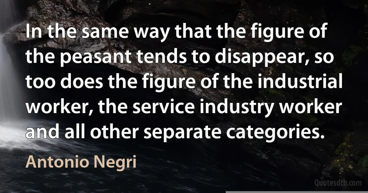 In the same way that the figure of the peasant tends to disappear, so too does the figure of the industrial worker, the service industry worker and all other separate categories. (Antonio Negri)