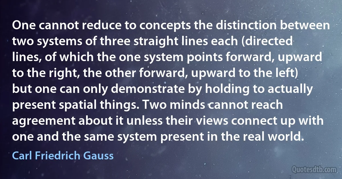 One cannot reduce to concepts the distinction between two systems of three straight lines each (directed lines, of which the one system points forward, upward to the right, the other forward, upward to the left) but one can only demonstrate by holding to actually present spatial things. Two minds cannot reach agreement about it unless their views connect up with one and the same system present in the real world. (Carl Friedrich Gauss)