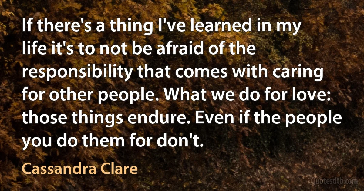 If there's a thing I've learned in my life it's to not be afraid of the responsibility that comes with caring for other people. What we do for love: those things endure. Even if the people you do them for don't. (Cassandra Clare)