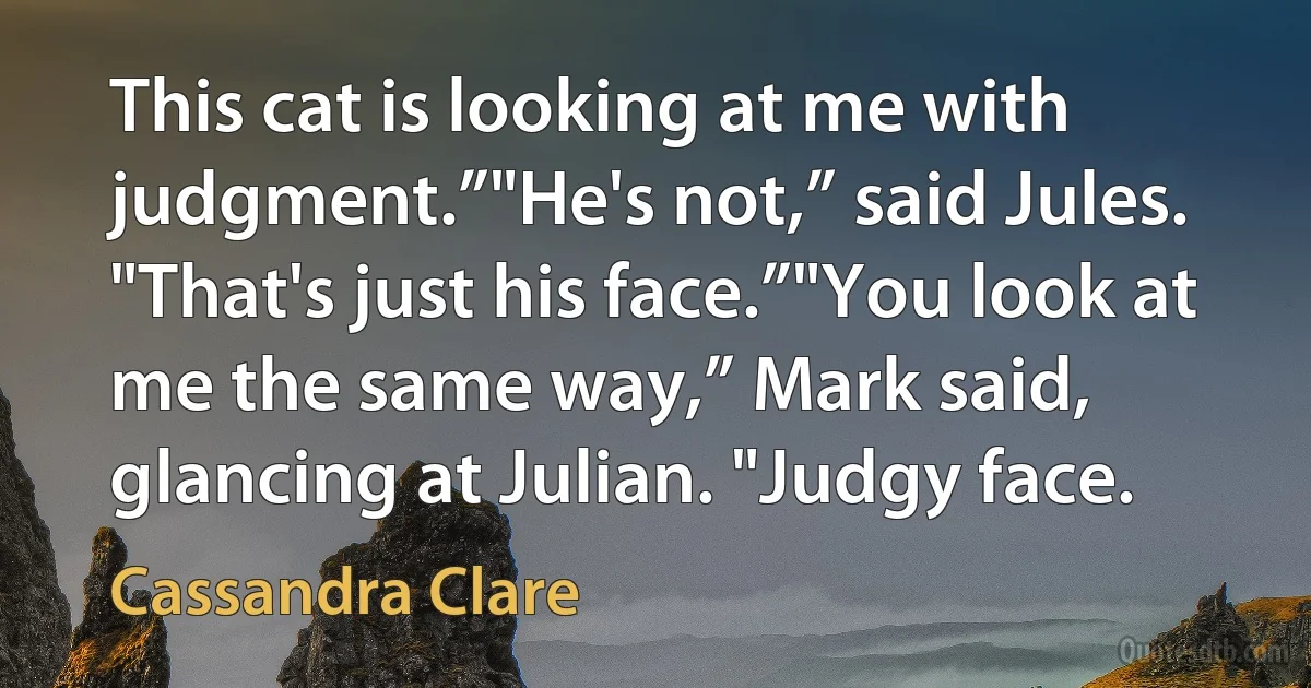 This cat is looking at me with judgment.”"He's not,” said Jules. "That's just his face.”"You look at me the same way,” Mark said, glancing at Julian. "Judgy face. (Cassandra Clare)