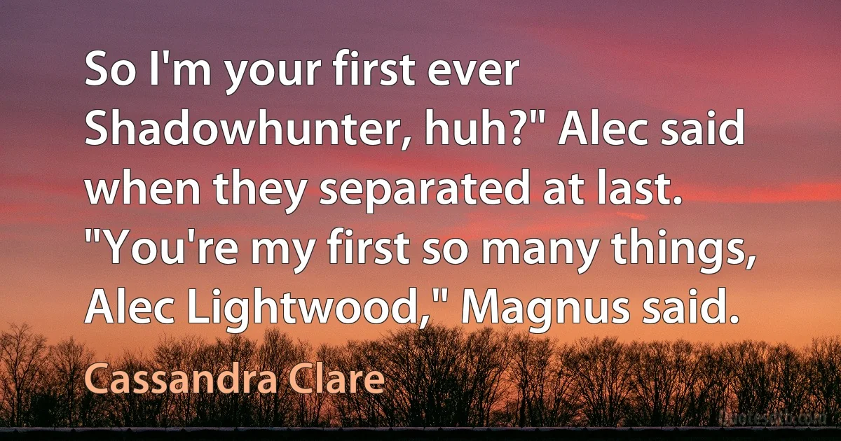 So I'm your first ever Shadowhunter, huh?" Alec said when they separated at last.
"You're my first so many things, Alec Lightwood," Magnus said. (Cassandra Clare)