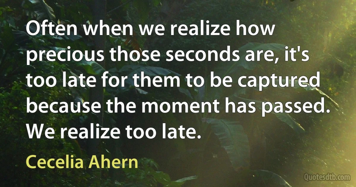 Often when we realize how precious those seconds are, it's too late for them to be captured because the moment has passed. We realize too late. (Cecelia Ahern)