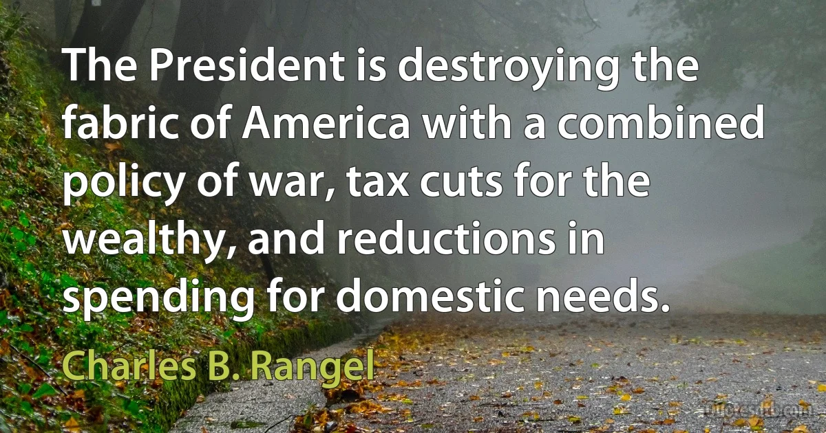 The President is destroying the fabric of America with a combined policy of war, tax cuts for the wealthy, and reductions in spending for domestic needs. (Charles B. Rangel)