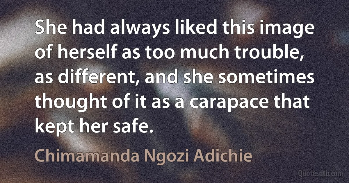 She had always liked this image of herself as too much trouble, as different, and she sometimes thought of it as a carapace that kept her safe. (Chimamanda Ngozi Adichie)