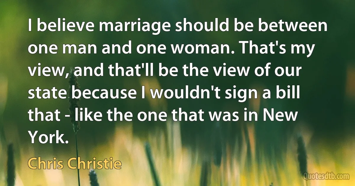 I believe marriage should be between one man and one woman. That's my view, and that'll be the view of our state because I wouldn't sign a bill that - like the one that was in New York. (Chris Christie)