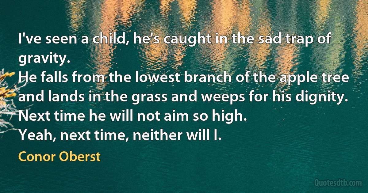 I've seen a child, he's caught in the sad trap of gravity.
He falls from the lowest branch of the apple tree
and lands in the grass and weeps for his dignity.
Next time he will not aim so high.
Yeah, next time, neither will I. (Conor Oberst)