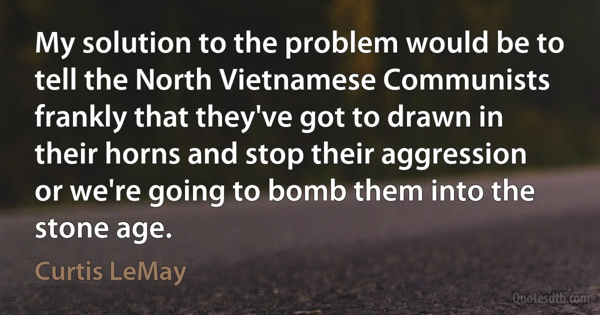 My solution to the problem would be to tell the North Vietnamese Communists frankly that they've got to drawn in their horns and stop their aggression or we're going to bomb them into the stone age. (Curtis LeMay)