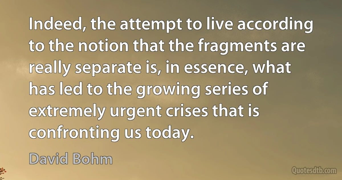 Indeed, the attempt to live according to the notion that the fragments are really separate is, in essence, what has led to the growing series of extremely urgent crises that is confronting us today. (David Bohm)