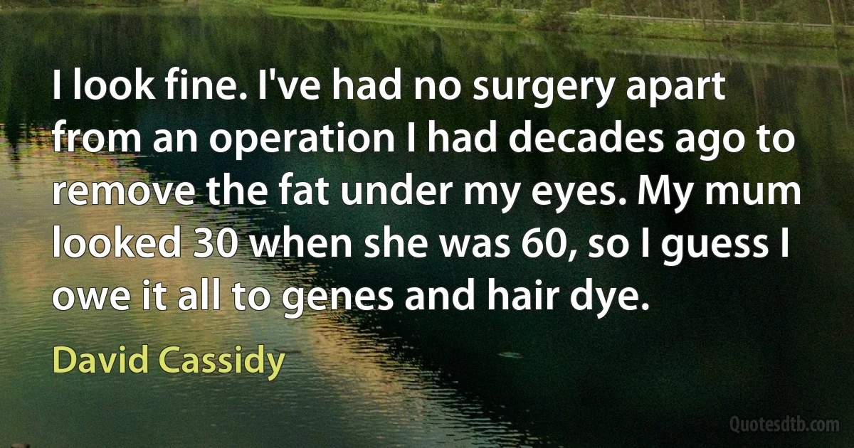 I look fine. I've had no surgery apart from an operation I had decades ago to remove the fat under my eyes. My mum looked 30 when she was 60, so I guess I owe it all to genes and hair dye. (David Cassidy)