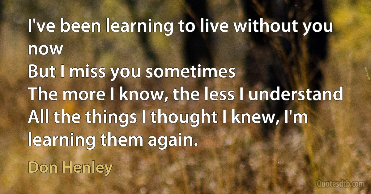 I've been learning to live without you now
But I miss you sometimes
The more I know, the less I understand
All the things I thought I knew, I'm learning them again. (Don Henley)