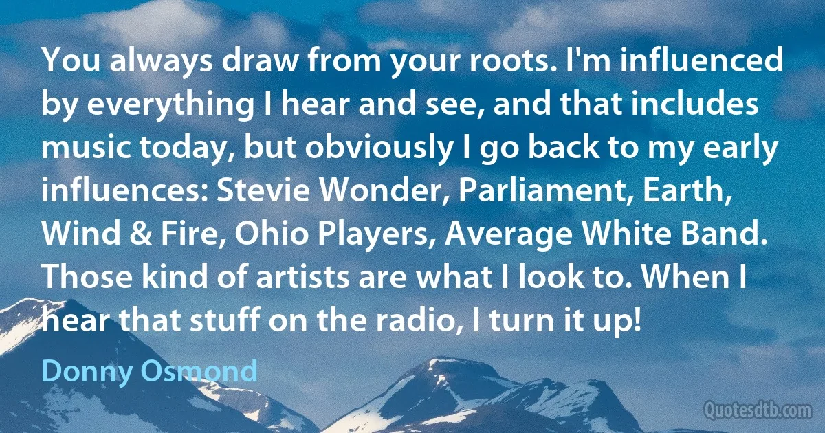 You always draw from your roots. I'm influenced by everything I hear and see, and that includes music today, but obviously I go back to my early influences: Stevie Wonder, Parliament, Earth, Wind & Fire, Ohio Players, Average White Band. Those kind of artists are what I look to. When I hear that stuff on the radio, I turn it up! (Donny Osmond)