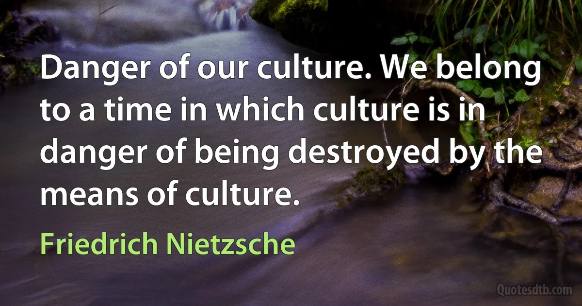 Danger of our culture. We belong to a time in which culture is in danger of being destroyed by the means of culture. (Friedrich Nietzsche)