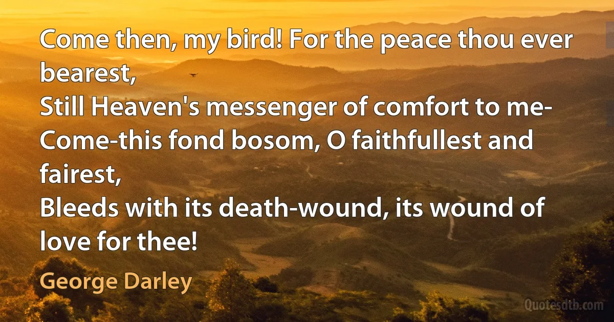 Come then, my bird! For the peace thou ever bearest,
Still Heaven's messenger of comfort to me-
Come-this fond bosom, O faithfullest and fairest,
Bleeds with its death-wound, its wound of love for thee! (George Darley)