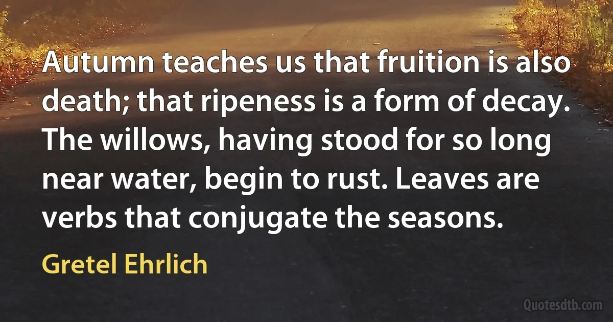 Autumn teaches us that fruition is also death; that ripeness is a form of decay. The willows, having stood for so long near water, begin to rust. Leaves are verbs that conjugate the seasons. (Gretel Ehrlich)