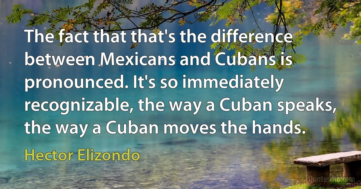 The fact that that's the difference between Mexicans and Cubans is pronounced. It's so immediately recognizable, the way a Cuban speaks, the way a Cuban moves the hands. (Hector Elizondo)