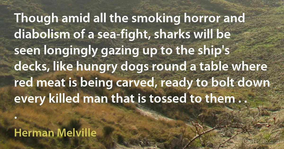 Though amid all the smoking horror and diabolism of a sea-fight, sharks will be seen longingly gazing up to the ship's decks, like hungry dogs round a table where red meat is being carved, ready to bolt down every killed man that is tossed to them . . . (Herman Melville)