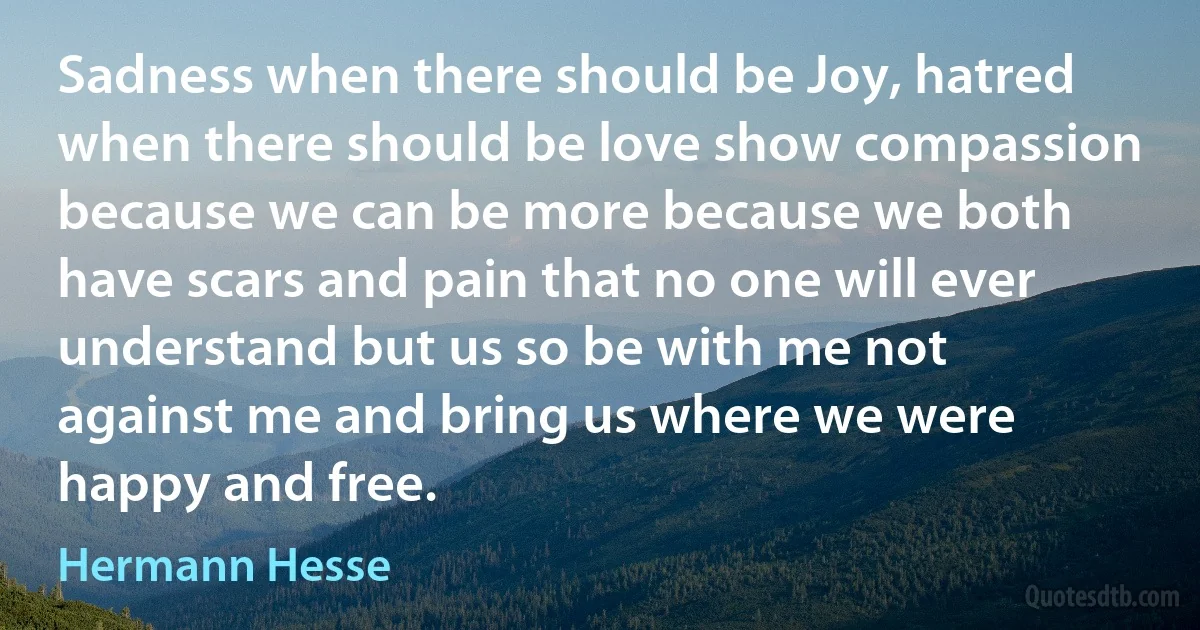 Sadness when there should be Joy, hatred when there should be love show compassion because we can be more because we both have scars and pain that no one will ever understand but us so be with me not against me and bring us where we were happy and free. (Hermann Hesse)