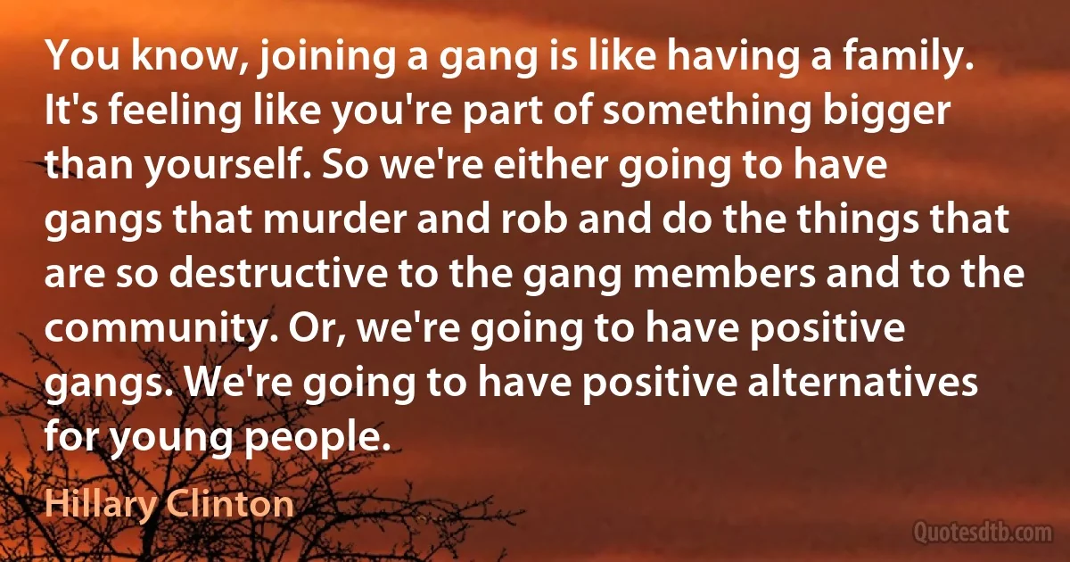 You know, joining a gang is like having a family. It's feeling like you're part of something bigger than yourself. So we're either going to have gangs that murder and rob and do the things that are so destructive to the gang members and to the community. Or, we're going to have positive gangs. We're going to have positive alternatives for young people. (Hillary Clinton)