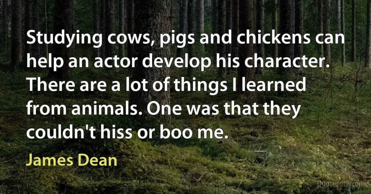 Studying cows, pigs and chickens can help an actor develop his character. There are a lot of things I learned from animals. One was that they couldn't hiss or boo me. (James Dean)