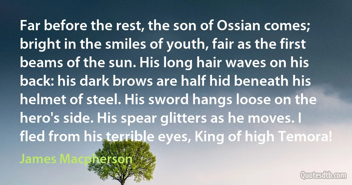 Far before the rest, the son of Ossian comes; bright in the smiles of youth, fair as the first beams of the sun. His long hair waves on his back: his dark brows are half hid beneath his helmet of steel. His sword hangs loose on the hero's side. His spear glitters as he moves. I fled from his terrible eyes, King of high Temora! (James Macpherson)