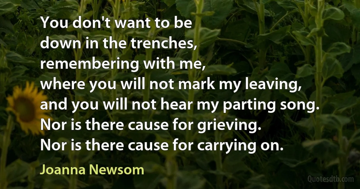 You don't want to be
down in the trenches,
remembering with me,
where you will not mark my leaving,
and you will not hear my parting song.
Nor is there cause for grieving.
Nor is there cause for carrying on. (Joanna Newsom)