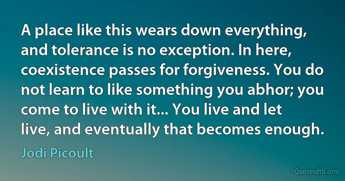 A place like this wears down everything, and tolerance is no exception. In here, coexistence passes for forgiveness. You do not learn to like something you abhor; you come to live with it... You live and let live, and eventually that becomes enough. (Jodi Picoult)