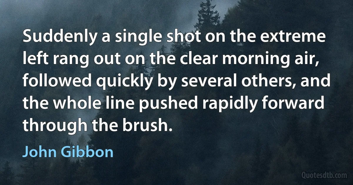 Suddenly a single shot on the extreme left rang out on the clear morning air, followed quickly by several others, and the whole line pushed rapidly forward through the brush. (John Gibbon)