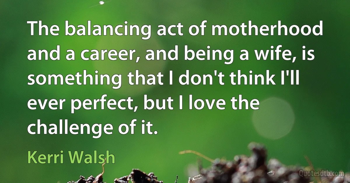 The balancing act of motherhood and a career, and being a wife, is something that I don't think I'll ever perfect, but I love the challenge of it. (Kerri Walsh)