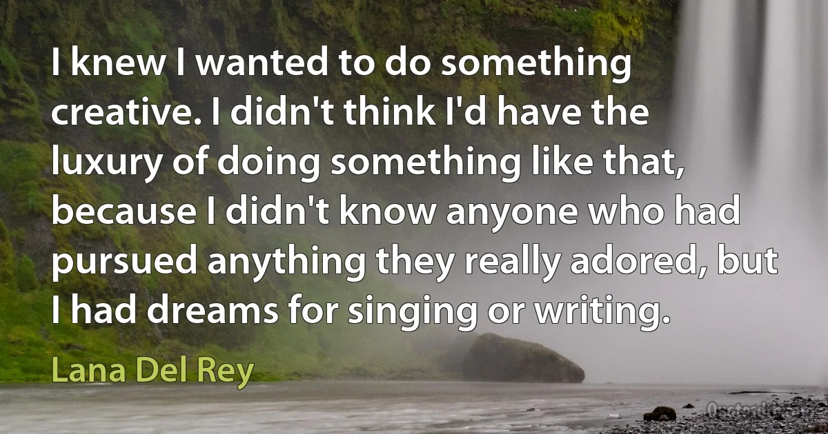 I knew I wanted to do something creative. I didn't think I'd have the luxury of doing something like that, because I didn't know anyone who had pursued anything they really adored, but I had dreams for singing or writing. (Lana Del Rey)