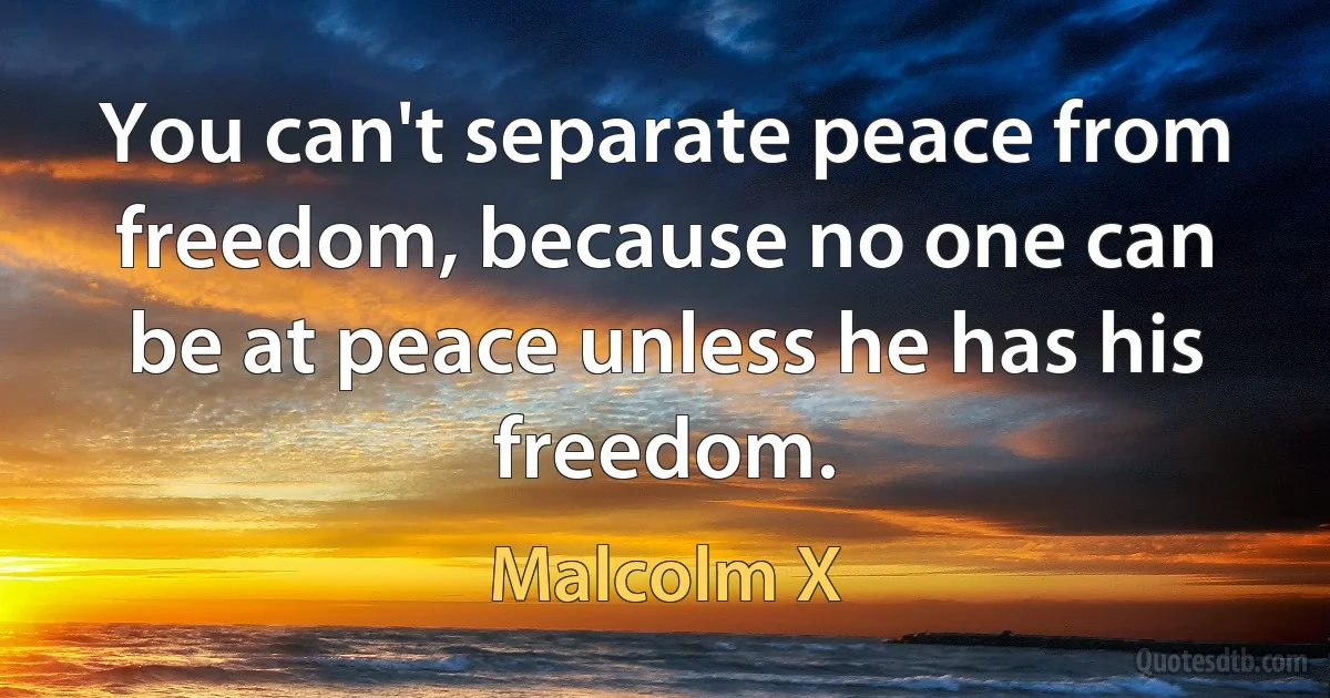 You can't separate peace from freedom, because no one can be at peace unless he has his freedom. (Malcolm X)