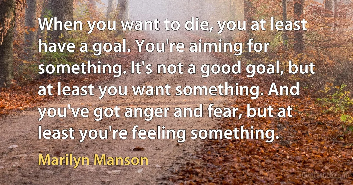 When you want to die, you at least have a goal. You're aiming for something. It's not a good goal, but at least you want something. And you've got anger and fear, but at least you're feeling something. (Marilyn Manson)