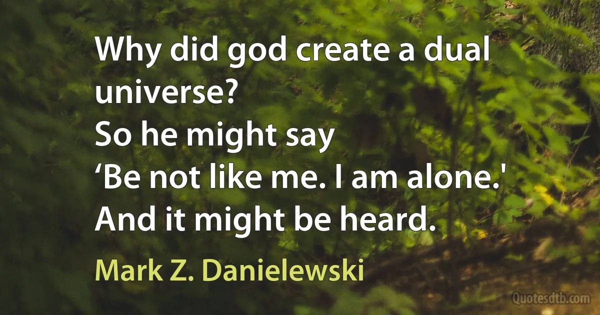 Why did god create a dual universe?
So he might say
‘Be not like me. I am alone.'
And it might be heard. (Mark Z. Danielewski)