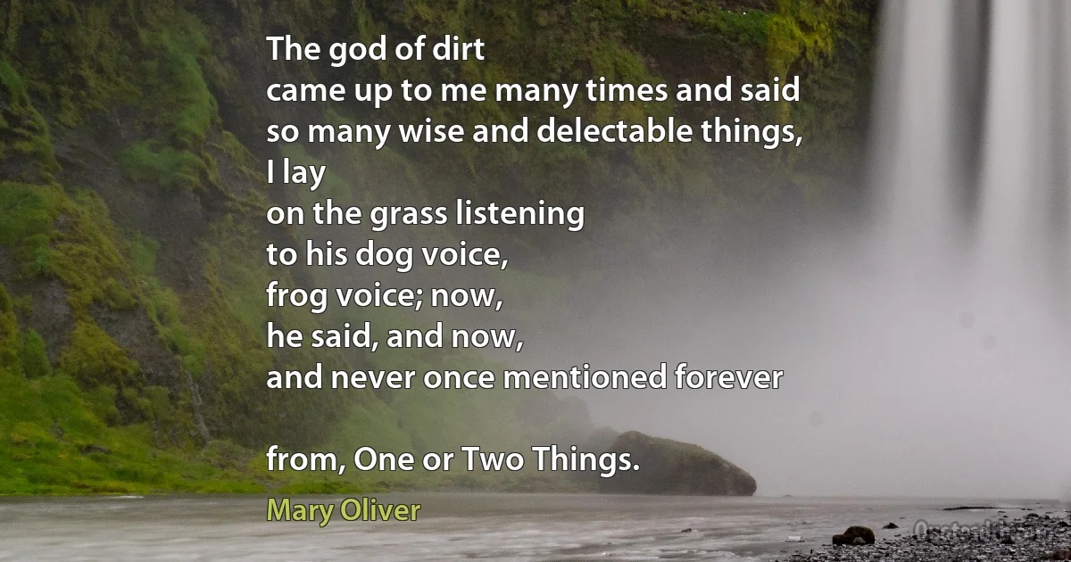 The god of dirt
came up to me many times and said
so many wise and delectable things,
I lay
on the grass listening
to his dog voice,
frog voice; now,
he said, and now,
and never once mentioned forever

from, One or Two Things. (Mary Oliver)