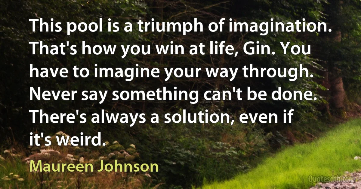 This pool is a triumph of imagination. That's how you win at life, Gin. You have to imagine your way through. Never say something can't be done. There's always a solution, even if it's weird. (Maureen Johnson)