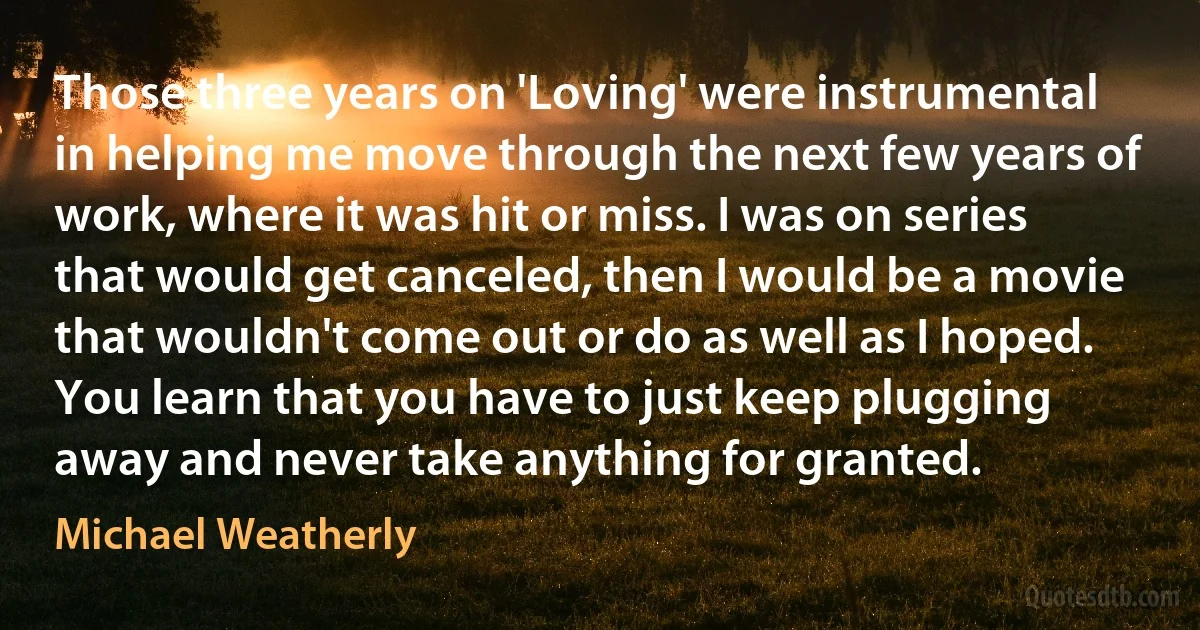 Those three years on 'Loving' were instrumental in helping me move through the next few years of work, where it was hit or miss. I was on series that would get canceled, then I would be a movie that wouldn't come out or do as well as I hoped. You learn that you have to just keep plugging away and never take anything for granted. (Michael Weatherly)