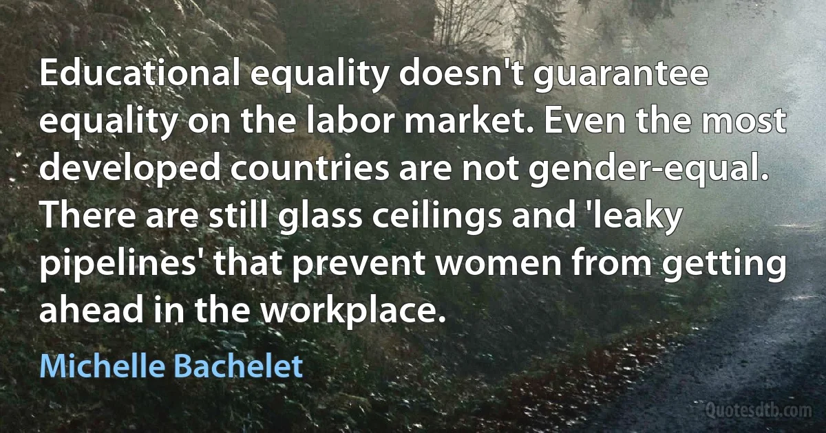 Educational equality doesn't guarantee equality on the labor market. Even the most developed countries are not gender-equal. There are still glass ceilings and 'leaky pipelines' that prevent women from getting ahead in the workplace. (Michelle Bachelet)