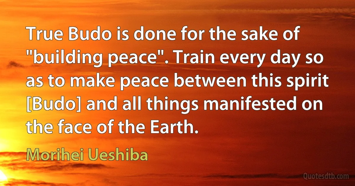 True Budo is done for the sake of "building peace". Train every day so as to make peace between this spirit [Budo] and all things manifested on the face of the Earth. (Morihei Ueshiba)