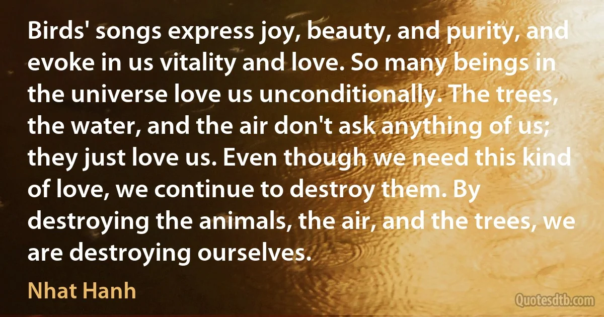 Birds' songs express joy, beauty, and purity, and evoke in us vitality and love. So many beings in the universe love us unconditionally. The trees, the water, and the air don't ask anything of us; they just love us. Even though we need this kind of love, we continue to destroy them. By destroying the animals, the air, and the trees, we are destroying ourselves. (Nhat Hanh)