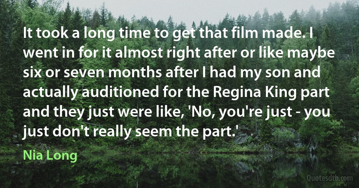 It took a long time to get that film made. I went in for it almost right after or like maybe six or seven months after I had my son and actually auditioned for the Regina King part and they just were like, 'No, you're just - you just don't really seem the part.' (Nia Long)