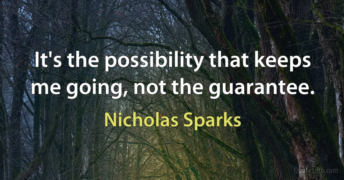 It's the possibility that keeps me going, not the guarantee. (Nicholas Sparks)