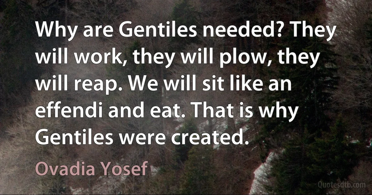 Why are Gentiles needed? They will work, they will plow, they will reap. We will sit like an effendi and eat. That is why Gentiles were created. (Ovadia Yosef)