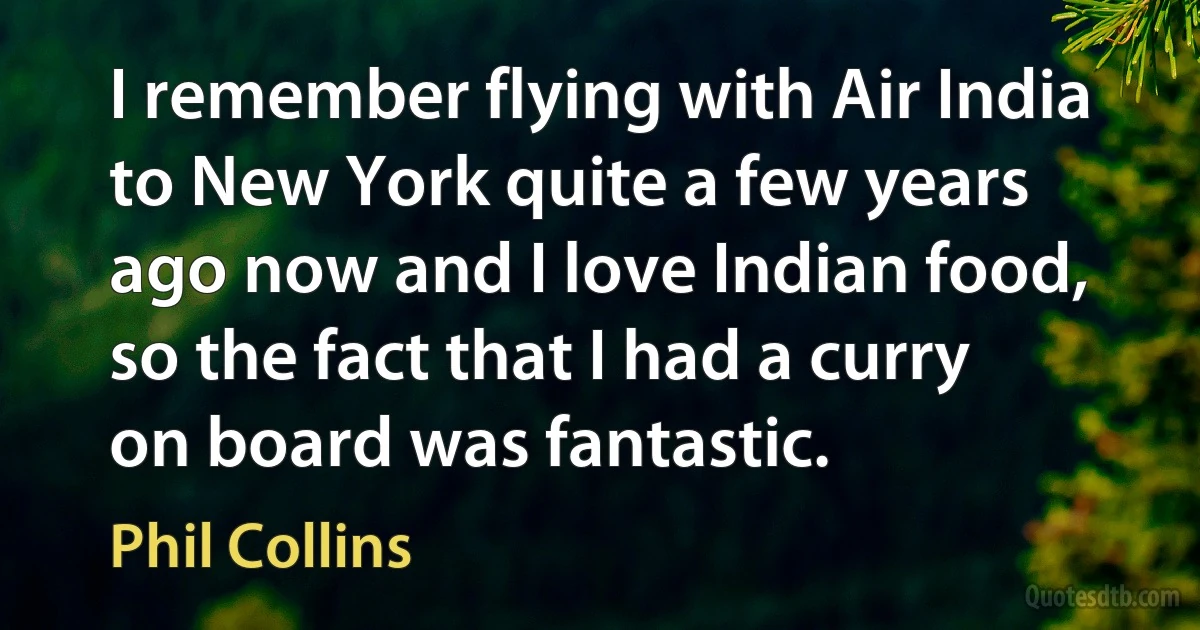 I remember flying with Air India to New York quite a few years ago now and I love Indian food, so the fact that I had a curry on board was fantastic. (Phil Collins)