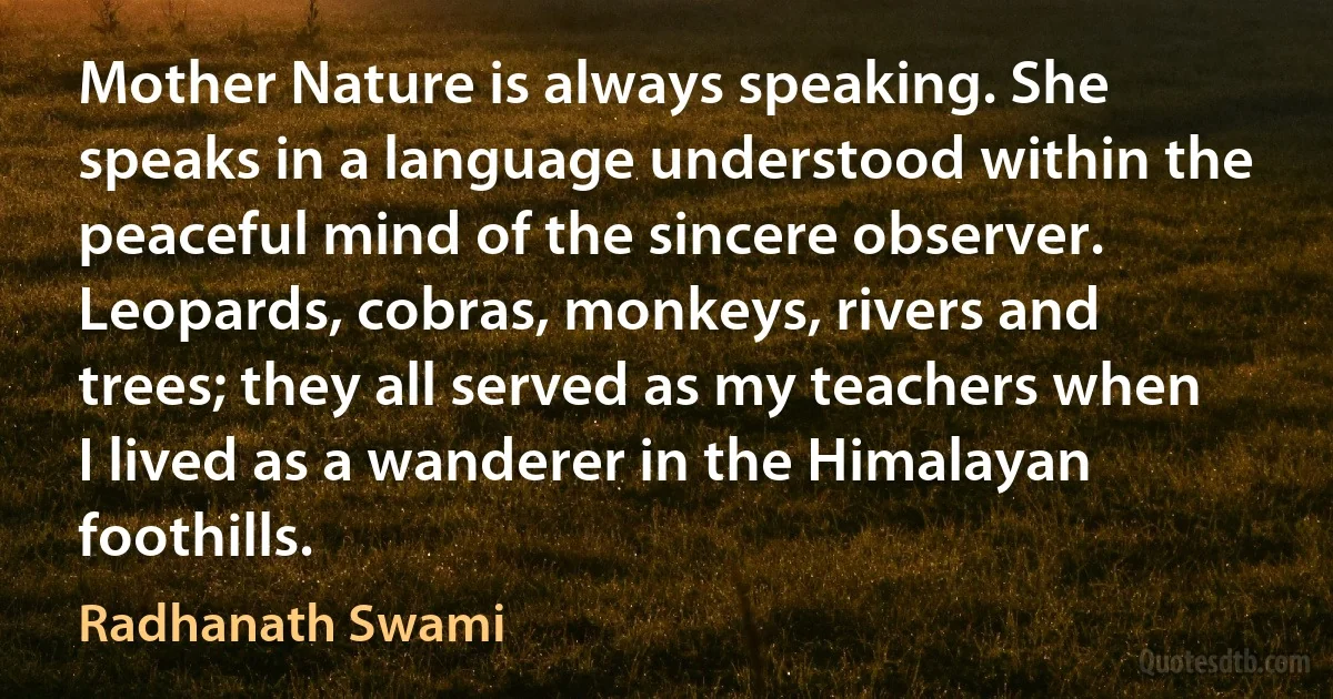 Mother Nature is always speaking. She speaks in a language understood within the peaceful mind of the sincere observer. Leopards, cobras, monkeys, rivers and trees; they all served as my teachers when I lived as a wanderer in the Himalayan foothills. (Radhanath Swami)