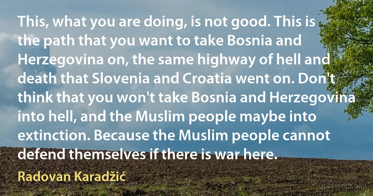 This, what you are doing, is not good. This is the path that you want to take Bosnia and Herzegovina on, the same highway of hell and death that Slovenia and Croatia went on. Don't think that you won't take Bosnia and Herzegovina into hell, and the Muslim people maybe into extinction. Because the Muslim people cannot defend themselves if there is war here. (Radovan Karadžić)